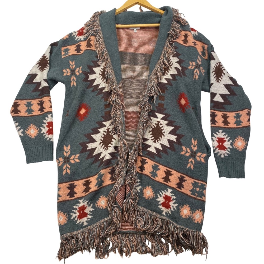 Jodifl Southwestern Fringe Open Front Cardigan Duster Women M Teal G7473-1